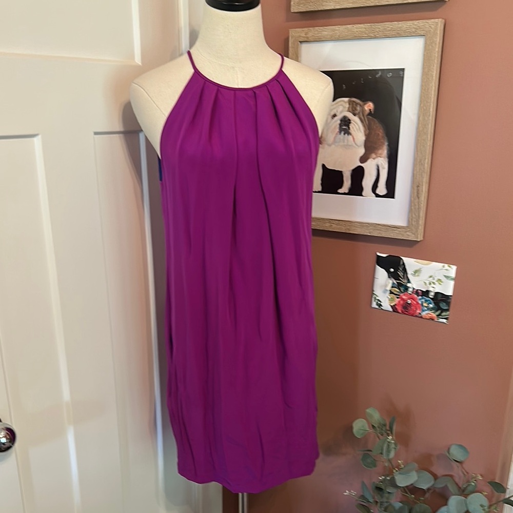 Jay Godfrey silk mini draped magenta lined shift pockets Halter zipper 2 Dress